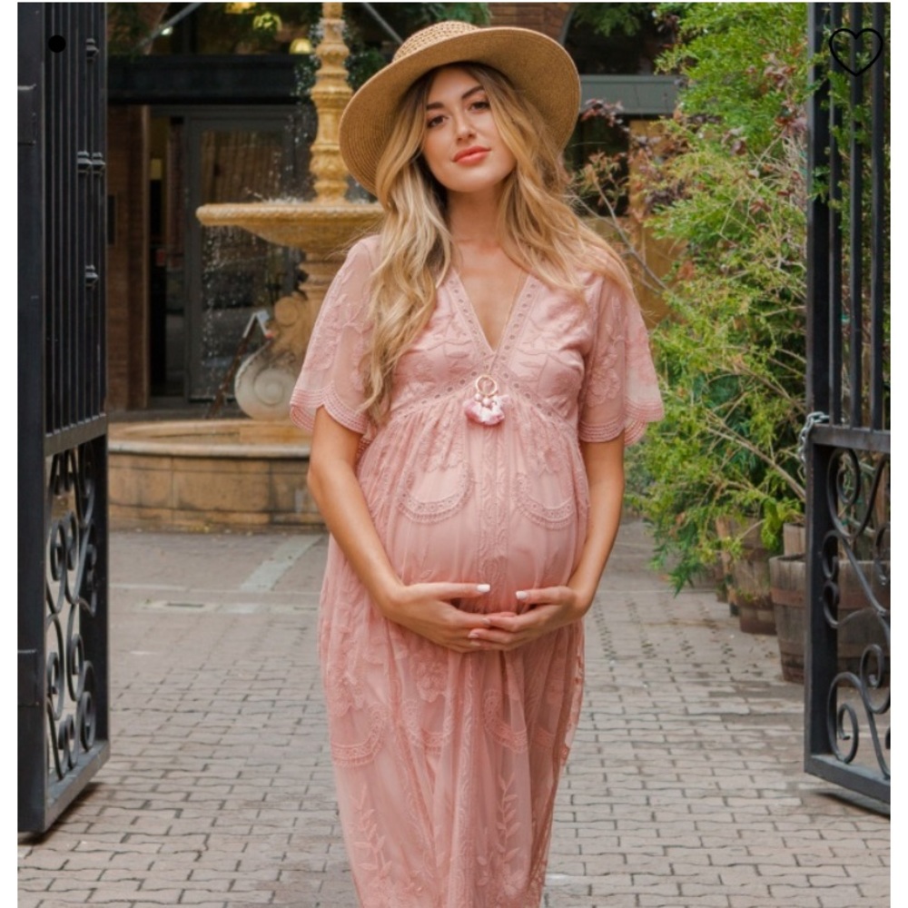Light Pink Lace Mesh Overlay Maternity Maxi Dress